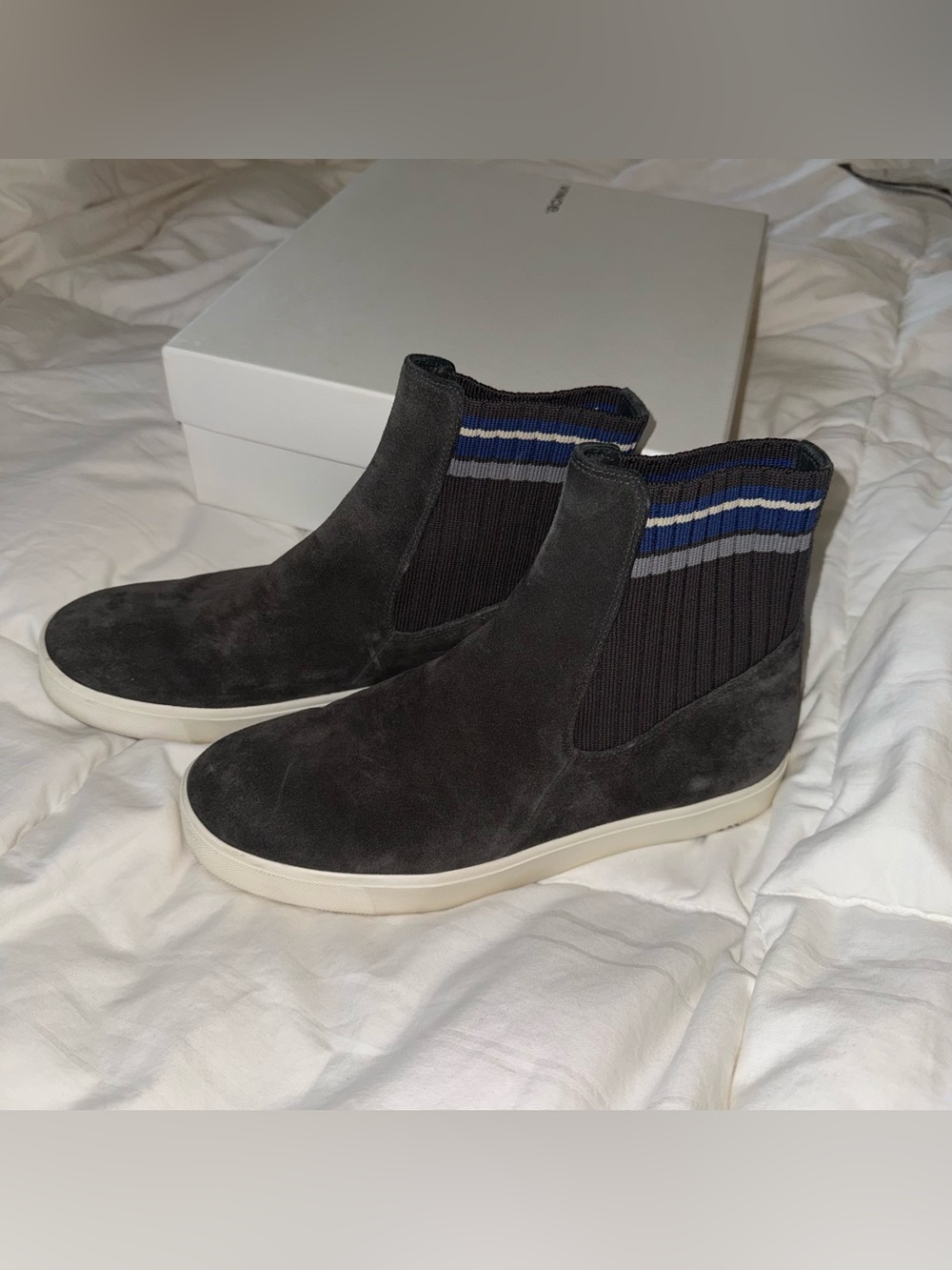 Vince Grey Suede High-Top Slip-On Sneakers with Blue Stripe Knit Collar